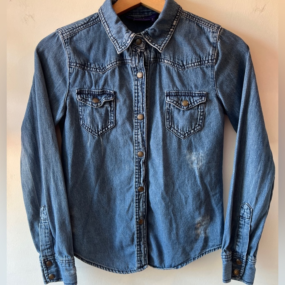 Miley Cyrus Max Azria Denim Indigo Distressed Denim Snap Down Top Long Sleeve S